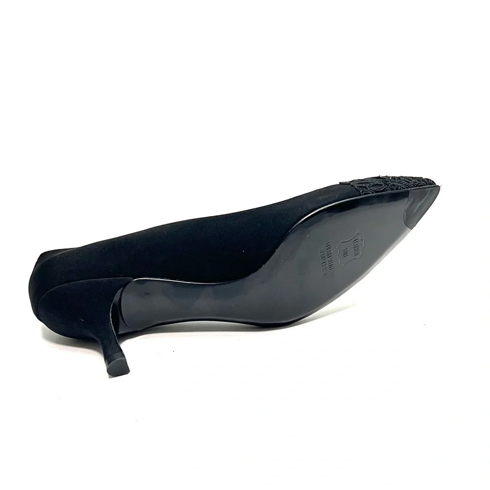 Vintage 1990s deadstock black nylon rhinestone lace pointed toe kitten heels